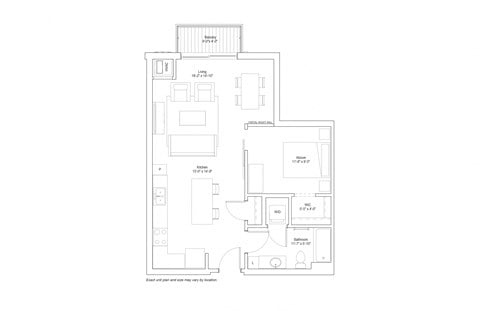Floor plan for 1 bed, 1 bath, 735 sqft