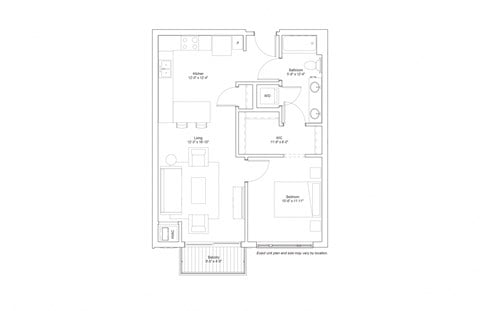 Floor plan for 1 bed, 1 bath, 737 sqft
