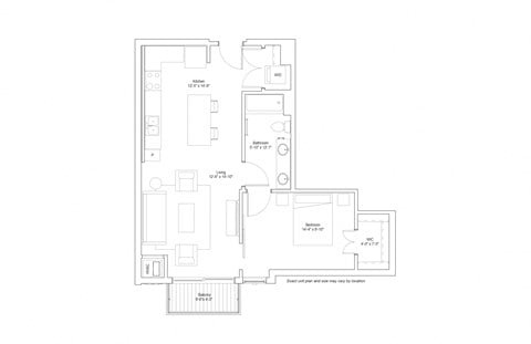 Floor plan for 1 bed, 1 bath, 743 sqft