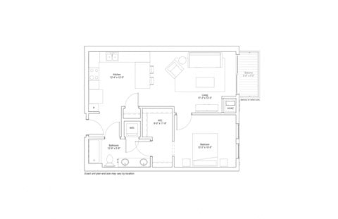 Floor plan for 1 bed, 1 bath, 744 sqft
