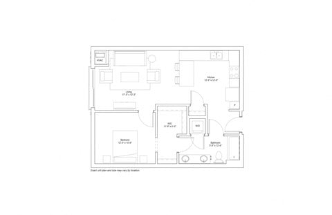Floor plan for 1 bed, 1 bath, 749 sqft