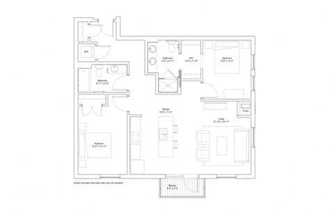 Floor plan for 2 beds, 2 baths, 1073 sqft