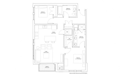 Floor plan for 2 beds, 2 baths, 1081 sqft