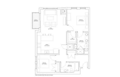 Floor plan for 2 beds, 2 baths, 1095 sqft