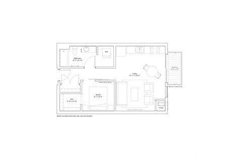 Floor plan for studio, 1 bath, 588 sqft
