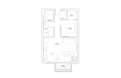 Floor plan for studio, 1 bath, 614 sqft