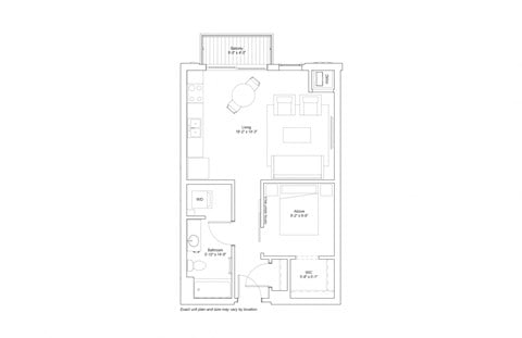 Floor plan for studio, 1 bath, 626 sqft