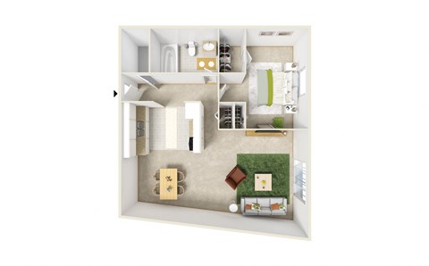 Floor plan for 1 bed, 1 bath, 770 sqft