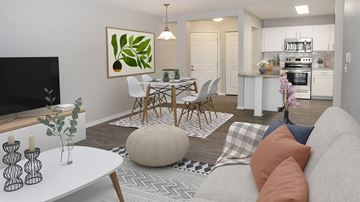 Rochester apartment for rent - a living room and dining room with a table and chairs