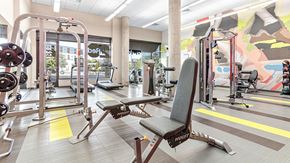 Minneapolis apartment for rent - a gym with weights and cardio equipment in a building with a mural at Red 20 Apartments, Minnesota, 55413