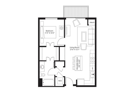 Floor plan for 1 bed, 1 bath, 684 sqft