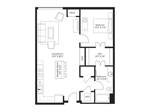 Floor plan for 1 bed, 1 bath, 686 sqft