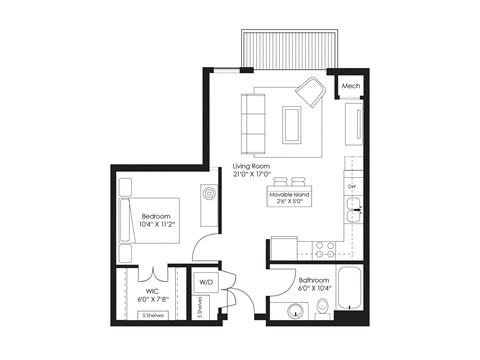 Floor plan for 1 bed, 1 bath, 690 sqft