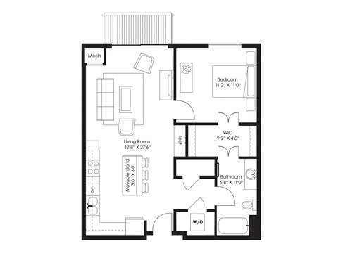 Floor plan for 1 bed, 1 bath, 717 sqft