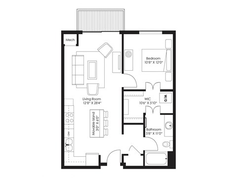 Floor plan for 1 bed, 1 bath, 722 sqft