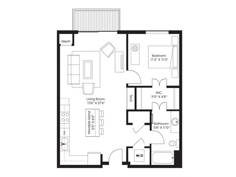 Floor plan for 1 bed, 1 bath, 736 sqft