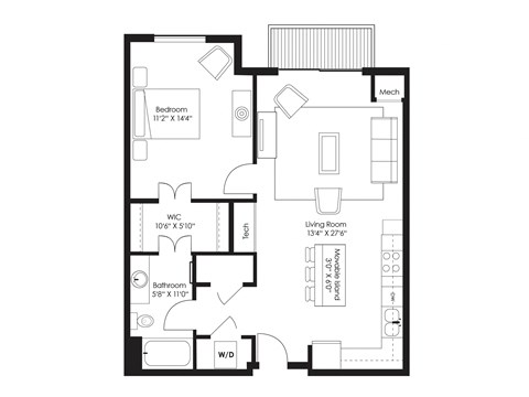 Floor plan for 1 bed, 1 bath, 772 sqft