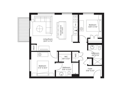 Floor plan for 2 beds, 2 baths, 1048 sqft