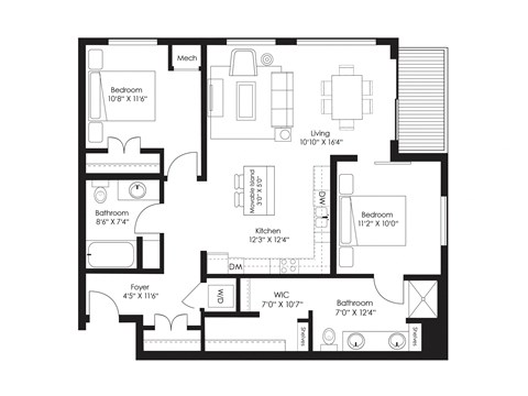 Floor plan for 2 beds, 2 baths, 1220 sqft