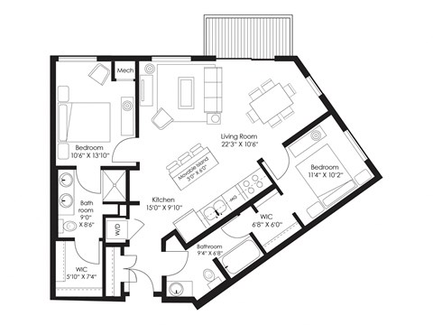 Floor plan for 2 beds, 2 baths, 1098 sqft