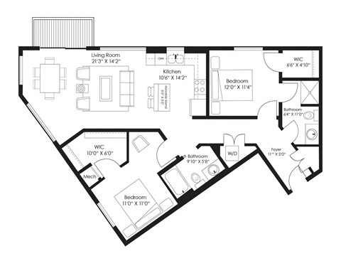 Floor plan for 2 beds, 2 baths, 1238 sqft