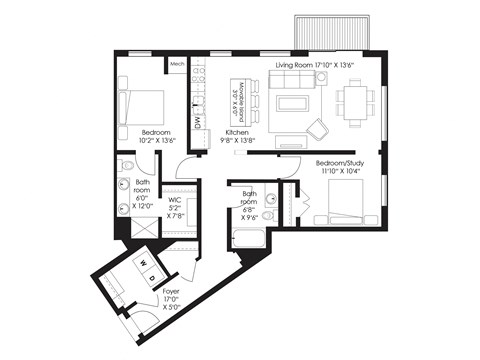 Floor plan for 2 beds, 2 baths, 1240 sqft