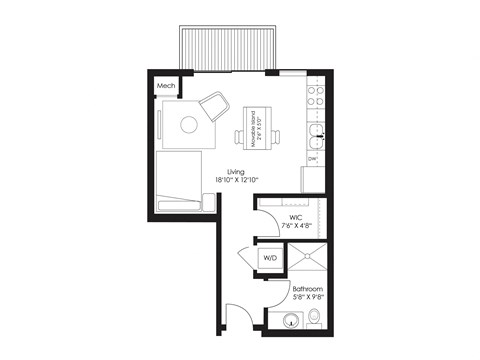 Floor plan for studio, 1 bath, 477 sqft