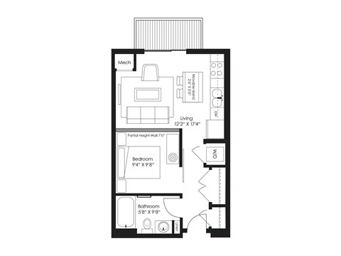 Floor plan for studio, 1 bath, 528 sqft