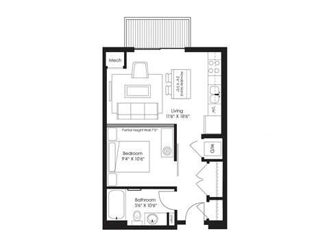 Floor plan for studio, 1 bath, 541 sqft