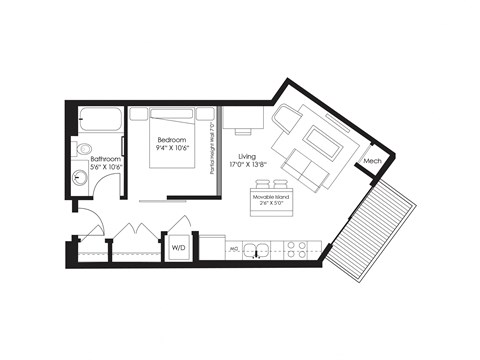 Floor plan for studio, 1 bath, 596 sqft