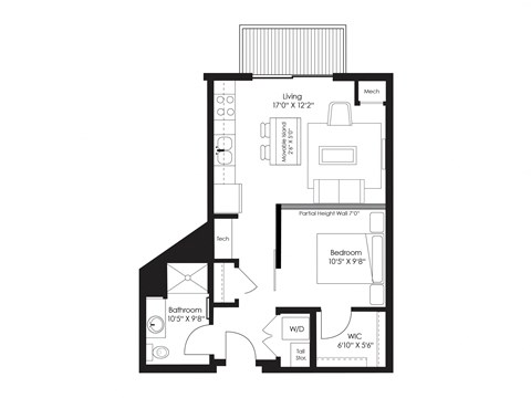 Floor plan for studio, 1 bath, 618 sqft