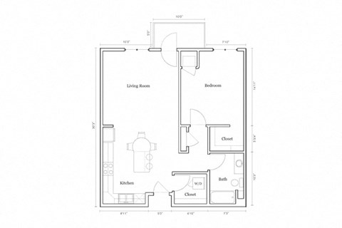 Floor plan for 1 bed, 1 bath, 836 sqft