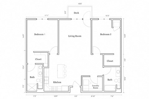 Floor plan for 2 beds, 2 baths, 1173 sqft