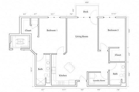 Floor plan for 2 beds, 2 baths, 1245 sqft