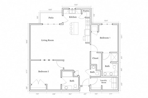 Floor plan for 2 beds, 2 baths, 1254 sqft