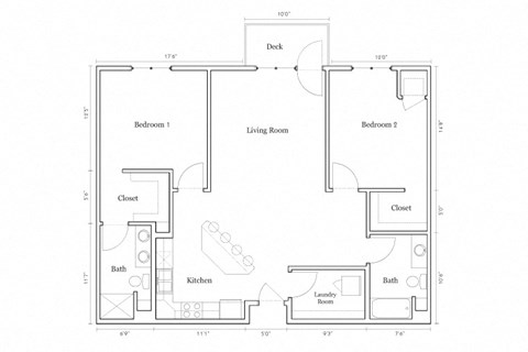 Floor plan for 2 beds, 2 baths, 1280 sqft