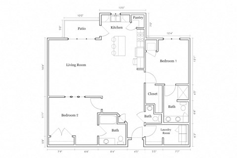 Floor plan for 2 beds, 2 baths, 1290 sqft