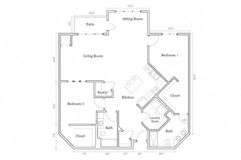 Floor plan for 2 beds, 2 baths, 1467 sqft