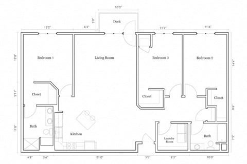 Floor plan for 3 beds, 2 baths, 1575 sqft