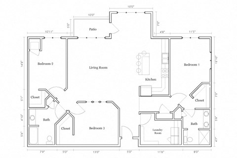 Floor plan for 3 beds, 2 baths, 1617 sqft