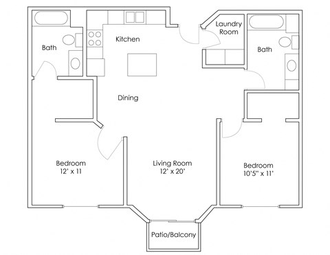 Floor plan for 2 beds, 2 baths, 1040 sqft