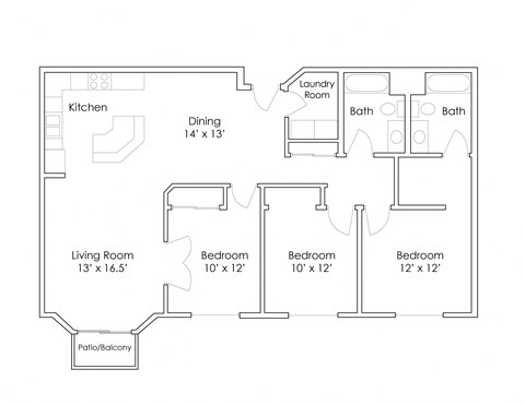Floor plan for 3 beds, 2 baths, 1362 sqft