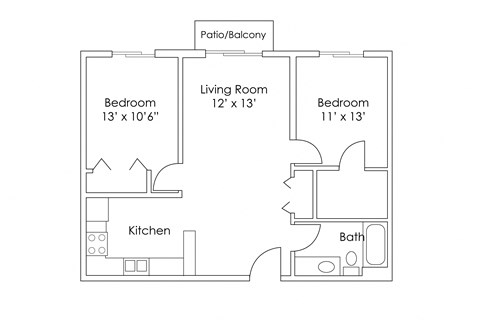 Floor plan for 2 beds, 1 bath, 850 sqft