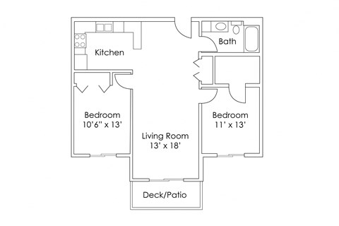Floor plan for 2 beds, 1 bath, 900 sqft