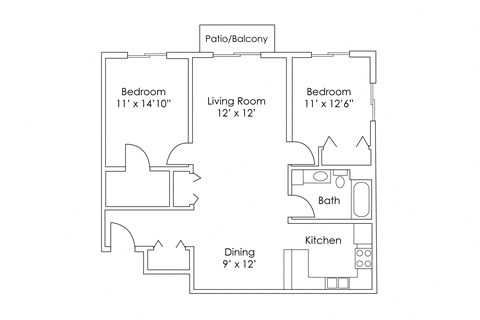 Floor plan for 2 beds, 1 bath, 1018 sqft