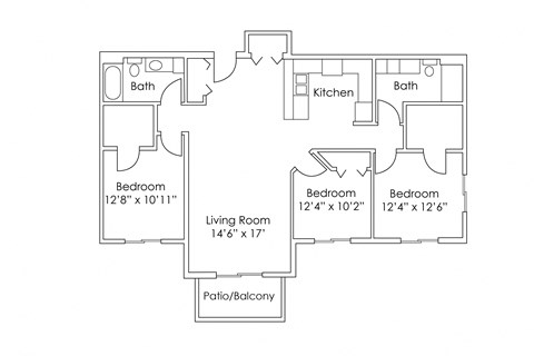 Floor plan for 3 beds, 2 baths, 1283 sqft