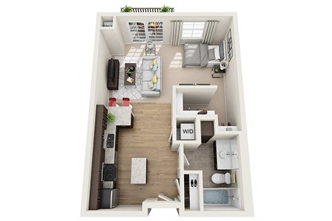 Floor plan for studio, 1 bath, 614 sqft