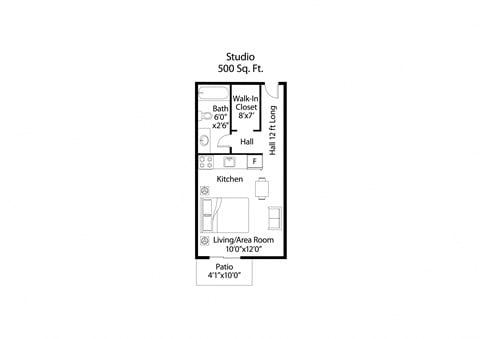 Floor plan for studio, 1 bath, 500 sqft