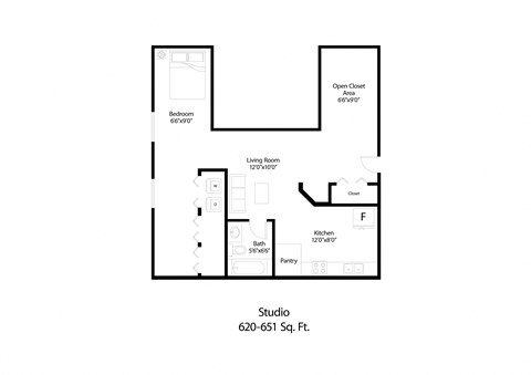 Floor plan for studio, 1 bath, 620 sqft