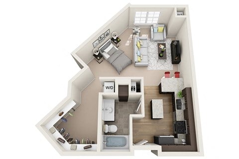 Floor plan for studio, 1 bath, 641 sqft